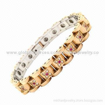 Magnetic Stainless Steel Bracelets with 64-piece White, 16-piece Red CZ Stones and Rose Gold Plating